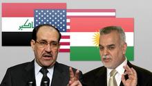 Symbolbild Combo Flaggen Irak, USA, Kurden-Irak und der irakische Ministerpräsident Nouri al-Maliki  und irakische Vize Tarek Al-Haschimi DW-Grafik: Olof Pock Datum: 29.12.2011