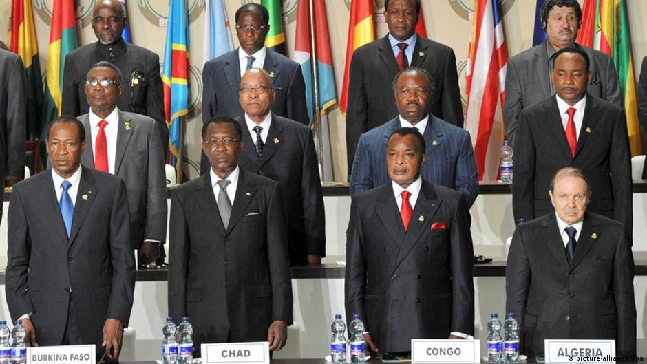 epa02803364 This handout image made available by Government Communication and Information System Republic of South Africa (GCIS) shows shows (front row L-R) President of Burkina Faso Blaise Compaore, President of Chad Idriss Deby, President of Congo Denis Sassou , President of Algeria Abdelaziz Bouteflika at the official opening ceremony of the 17th Ordinary Session Of The Assembly Of The African Union at Sipopo Conference Centre in Malabo, Equatorial Guinea, 30 June 2011. The theme of the Summit is 'Accelerating Youth Empowerment for Sustainable Development' which runs from 23 June to 01 July 2011. EPA/NTSWE MOKOENA HANDOUT HANDOUT EDITORIAL USE ONLY/NO SALES
