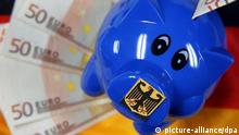 A blue piggy bank on top of 50 euro notes all on top of a German flag
Photo: dpa 
