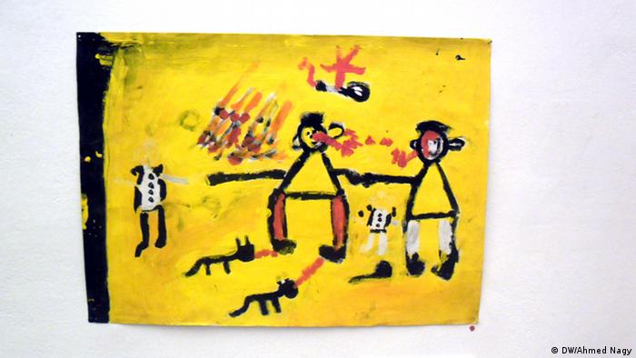 Painting by Moustapha (13 years) showing  thugs throwing patrol bombs  