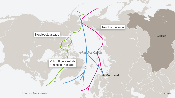 Karte Schifffahrt durch den Arktischen Ozean - Karte zeigt die zwei bisherigen Routen, Nordost- und Nordwestpassage und die evtl. zukünftige Zentralarktische Passage. / DW-Grafik: Peter Steinmetz