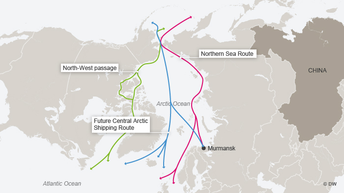 The former and new routes across the Arctic are shown in this DW graphic. 
---
DW-Grafik: Peter Steinmetz