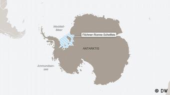Karte der Antarktis mit den Kennzeichnungen Weddell-Meer, Filchner-Ronne-Schelfeis und Ammundsensee
---
DW-Grafik: Peter Steinmetz