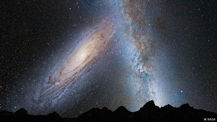 This illustration shows a stage in the predicted merger between our Milky Way galaxy and the neighboring Andromeda galaxy, as it will unfold over the next several billion years. In this image, representing Earth's night sky in 3.75 billion years, Andromeda (left) fills the field of view and begins to distort the Milky Way with tidal pull. (Credit: NASA; ESA; Z. Levay and R. van der Marel, STScI; T. Hallas; and A. Mellinger)