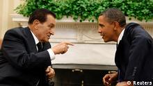 باراک اوباما (راست) و حسنی مبارک، رئیس جمهور مخلوع مصر (سپتامبر ۲۰۱۰).