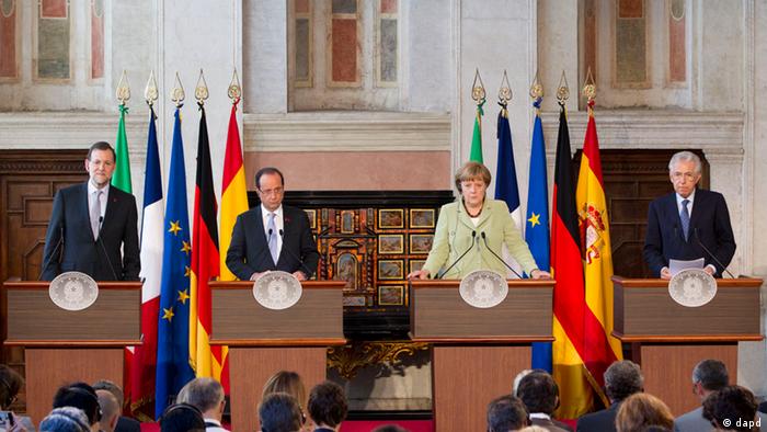 Mariano Rajoy, Francois Hollande, Angela Merkel and Mario Monti