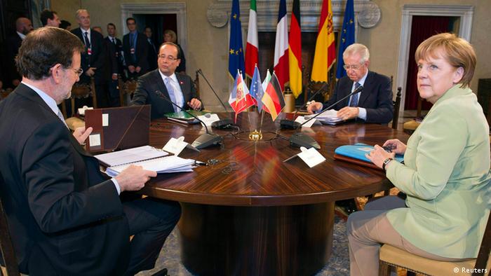 Mariano Rajoy, Francois Hollande, Mario Monti and Angela Merkel