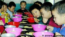 North Korean school children have lunch at a nursery in Pochon county, in Ryanggang province in North Korea, 03 April 2002, that includes fortified blended foods supplied by the UN World Food Programme. North Korea, a country of 23 million people, has depended on international food aid in recent years after a series of floods, droughts and harsh winters. dpa   