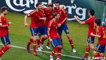 Spain's players celebrate first goal against Italy during their Euro 2012 final soccer match at the Olympic Stadium in Kiev, July 1, 2012.            REUTERS/Michael Dalder (UKRAINE  - Tags: SPORT SOCCER)
