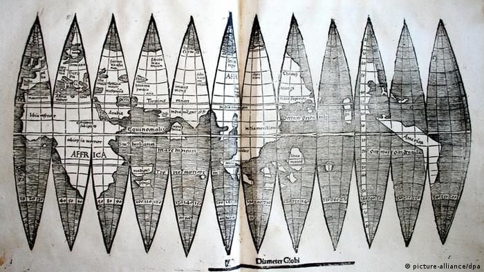 The Munich version of the Waldseemüller map, which lies like an orange split open in segments