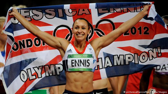 Jessica Ennis of Great Britain celebrates winning the Women's Heptathlon; 04 August 2012. Photo: Joe Toth / BPI