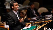 Iranian President Mahmoud Ahmadinejad speaking before the UN; previously, he and his regime had warned that Sharp was planning a 'velvet revolution' in the country 
Copyright: REUTERS/Shannon Stapleton 