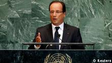 France's President Francois Hollande addresses the 67th United Nations General Assembly at the U.N. headquarters in New York September 25, 2012. REUTERS/Mike Segar (UNITED STATES - Tags: POLITICS)



