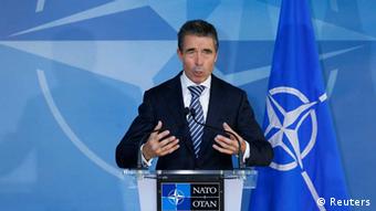 NATO Secretary General Anders Fogh Rasmussen briefs the media at the start of a NATO defence ministers meeting at the Alliance headquarters in Brussels October 9, 2012. REUTERS/Francois Lenoir (BELGIUM - Tags: POLITICS MILITARY)