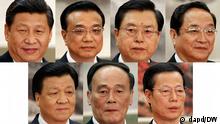 This combination of file photos from Thursday, Nov. 15, 2012, shows new members of China's Politburo Standing Committee, from left to right, Communist Party General Secretary Xi Jinping, Vice Premier Li Keqiang, Vice Premier Zhang Dejiang, Shanghai party secretary Yu Zhengsheng, propaganda chief Liu Yunshan, Vice Premier Wang Qishan, and Tianjin party secretary Zhang Gaoli, at a press event held at Beijing's Great Hall of the People. (Foto:Vincent Yu, Files/AP/dapd)