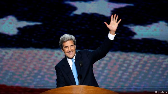 U.S. Navy veteran and former Democratic presidential nominee U.S. Senator John Kerry (D-MA) waves at the end of his speech during a segment on U.S. veterans during the final session of the Democratic National Convention in Charlotte, North Carolina in this September 6, 2012, file photo.
