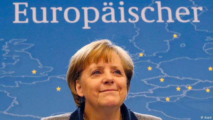 Angela Merkel looks promisingly up and off camera in front of a blue background that reads, in German, European.
(Photo:Michel Euler/AP/dapd)