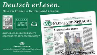 Ein Bild von der Titelseite der Zeitung Presse und Sprache mit Erläuterungen zum Format – vor grünem Hintergrund