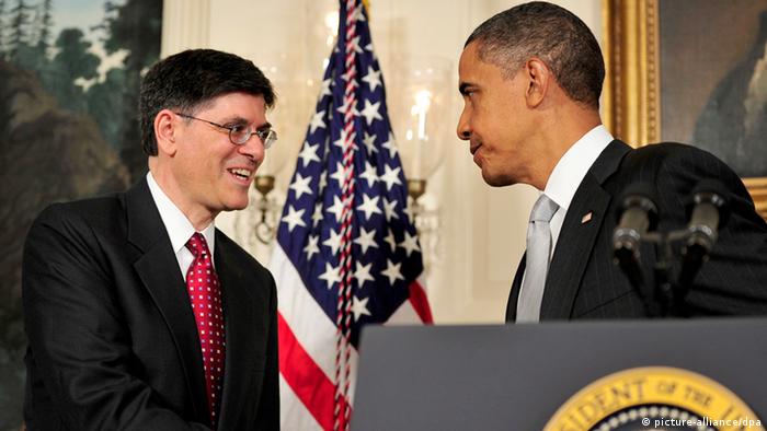 A file photograph showing US President Barack Obama (R) shakes hands with Jacob J. Jack Lew (L)