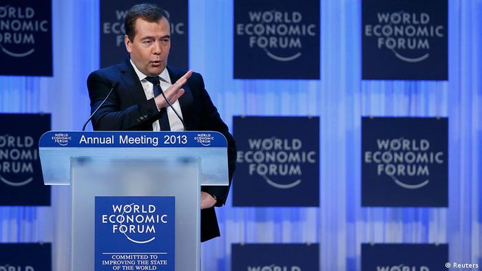 Russia's Prime Minister Dmitry Medvedev addresses the annual meeting of the World Economic Forum (WEF) in Davos January 23, 2013. REUTERS/Denis Balibouse (SWITZERLAND - Tags: POLITICS BUSINESS)