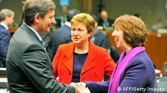 Slovenia Foreign Affairs minister Karl Erjavec and EU commissioner for International Cooperation, Humanitarian Aid and Crisis Response Kristalina Georgieva and High Representative of the European Union for Foreign Affairs and Security Policy Catherine Ashton (LtR) talk prior to a Foreign Affairs Council on January 31, 2013 
Photo: GEORGES GOBET/AFP/Getty Images
