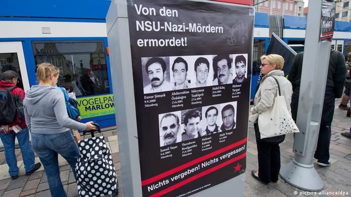 A poster of NSU-victims in the city of Rostock near city hall. Photo: Stefan Sauer dpa/lmv +++(c) dpa - Bildfunk+++ 