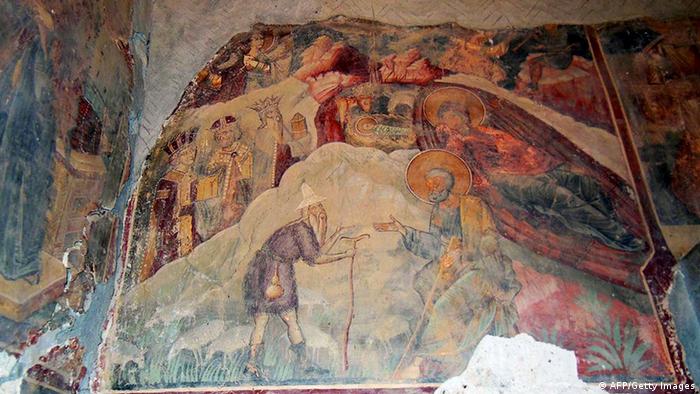 Damaged frescoes painted by Albania's most famous medieval painter Onufri in the St. Paraskevi church in the village of Vlash. A 16th century Orthodox church, considered a jewel of Albania's culture and being part its national heritage, was vandalized while some parts of its frescoes were stolen. 