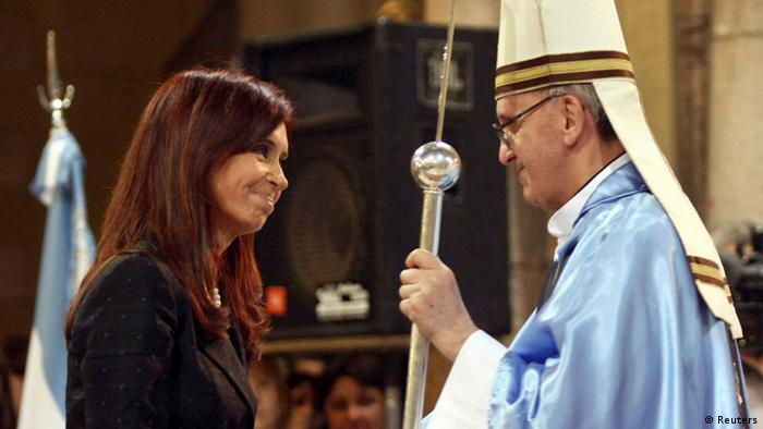 REFILE - CLARIFYING CAPTION
Argentine President Cristina Fernandez de Kirchner (L) greets Argentine Cardinal Jorge Bergoglio at the Basilica of Lujan, December 22, 2008. Pope Francis, the former Cardinal Jorge Bergoglio, delivered his first blessing to a huge crowd in St Peter's Square on the night of March 13, 2013, asking for the prayers of all men and women of good will to help him lead the Catholic Church. Picture taken December 22, 2008. REUTERS/Ezequiel Pontoriero/DyN (ARGENTINA - Tags: RELIGION POLITICS)