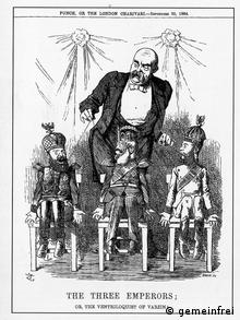 Кукловод Бисмарк и три императора - России, Австрии и Германии. Карикатура из британского журнала Панч (1884)