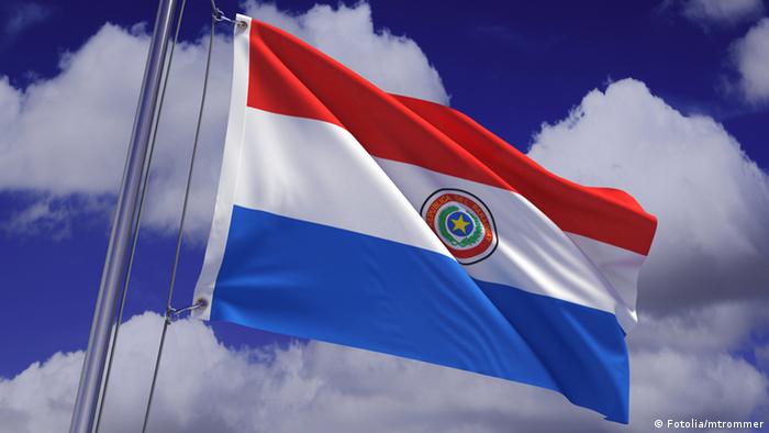 Detailed 3d rendering of the flag of Paraguay hanging on a flag pole and waving in the wind against a blue sky. Flag has a detailed fabric texture and accurate design and colors. 
#32940645 
© Fotolia/ mtrommer
