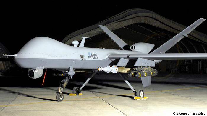 A handout photograph dated 21 June 2008 and made available by the British Ministry of Defence on 27 April 2013 showing a MQ-9 Reaper UAV from British Royal Air Force 39 Squadron waiting before taking off into the nights sky above Afghanistan. The British Ministry of Defence reports on 27 April 2013 that the British Royal Air Force has operated Reaper drones remotely controlled from RAF Waddington, Lincolnshire, England. They further state that the drones are currently being used for surveillance but could be called on to use their weapon systems if needed. (Photo: CROWN COPYRIGHT HANDOUT)