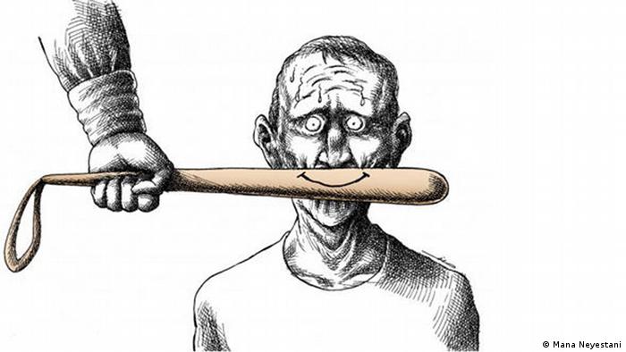 A caricature of a baseball bat held in front of a person's mouth; a smile is drawn on the bat