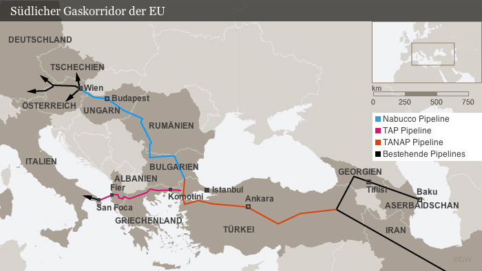 Karte Infografik Südlicher Gaskorridor der EU Nabucco TAP und TANAP Pipeline DEU