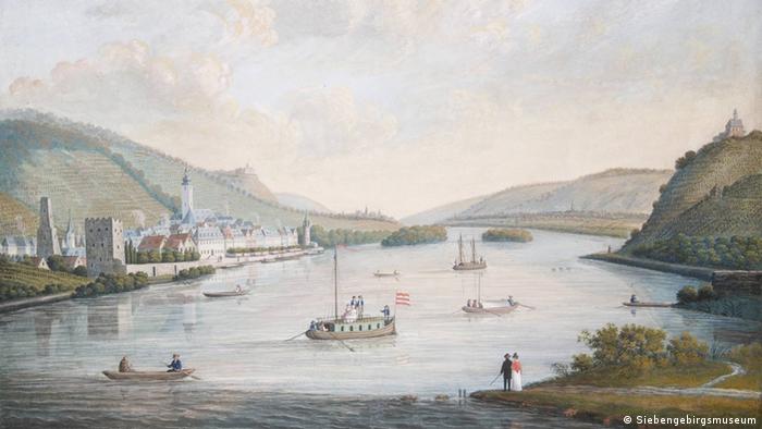 Rhine scene painting, unknown artist, 'View of Rüdesheim and of the Rhein'