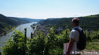 Man stands at edge of vineyard on path to Oberwesel