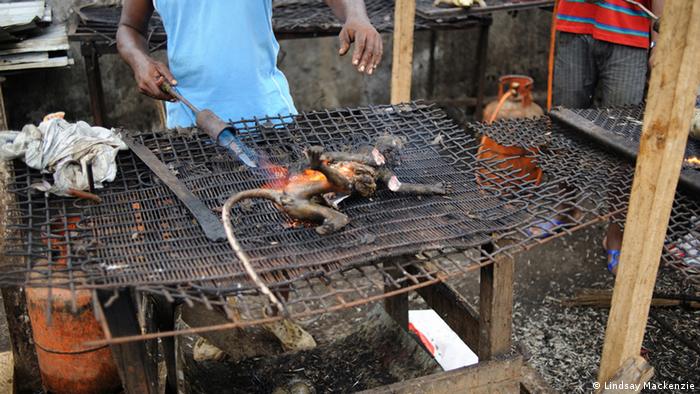 Carne de macaco sendo vendida no mercado municipal de Malabo, capital da Guiné Equatorial