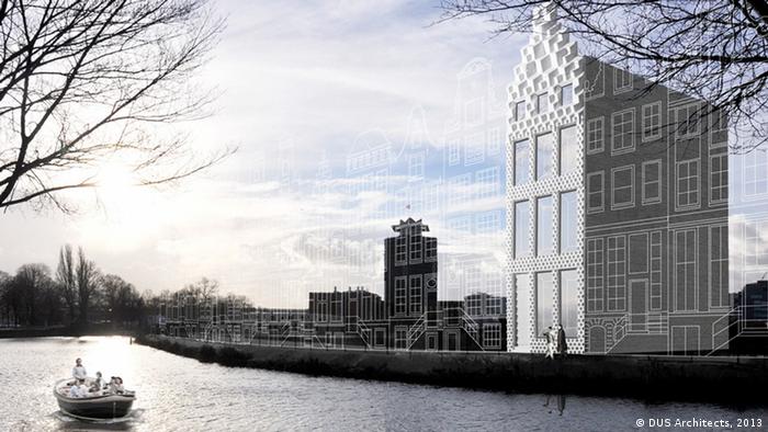 A sketch of the proposed canal house to be built along a canal in North Amsterdam (Image/ Copyright: DUS Architects)