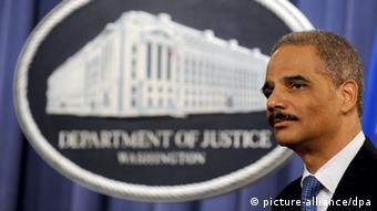 U.S. Attorney General Eric H. Holder stands in front of a U.S. Department of Justice backdrop during a press conference at the Department of Justice in Washington, DC, USA, 25 February 2009. Holder announced the arrest of more than 750 individuals on narcotics-related charges and the seizure of more than 23 tons of narcotics as part of a 21-month multi-agency law enforcement investigation known as 'Operation Xcellerator'. The operation targeted the Sinaloa Cartel, a major Mexican drug trafficking organisation. EPA/MICHAEL REYNOLDS +++(c) dpa - Report+++
