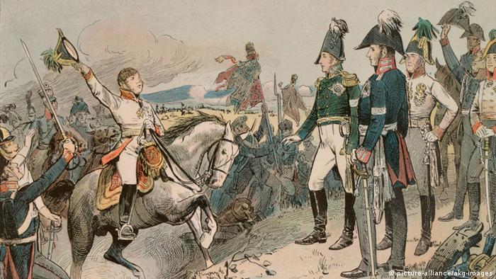 Гонец оповещает царя Александра I, короля Фридриха-Вильгельма III и императора Франца I о победе над Наполеоном