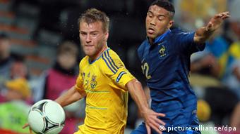 1155703 Ukraine, Donetsk. 06/15/2012 Ukrainian player Andrei Yarmolenkov and French player Gael Clichy, right, in the group stage match of the European Football Championship between the teams of Ukraine and France. Vitaliy Belousov/RIA Novosti
