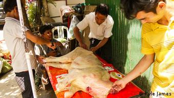 Calf being slaughtered on the street in Phnom Penh