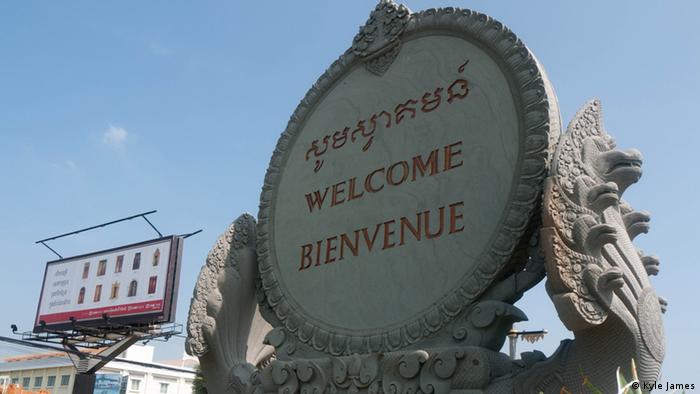 A welcome sign greets those arriving in Phnom Penh