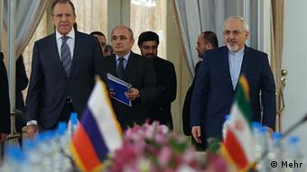 Russian FM Lavrov and Iranian FM Zarif at a press conference in Tehran. 
