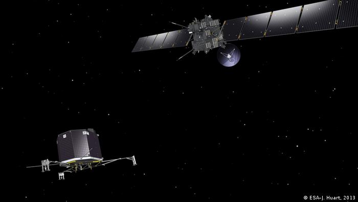 Satellites Philae (left) and Rosetta (right), Copyright: ESA–J. Huart, 2013
