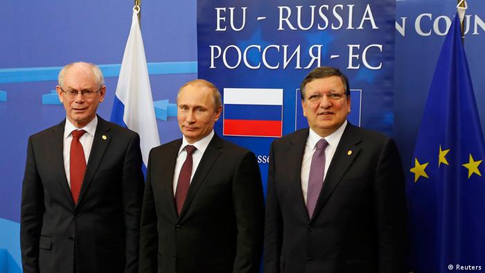 Херман ван Ромпей, Владимир Путин, Жозе Мануэл Баррозу на саммите в Брюсселе 28 января