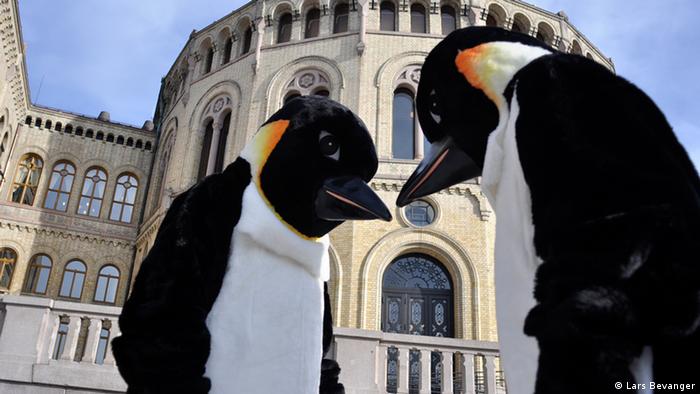 Two campaigners from the Arctic Ocean Alliance protest wearing penguin costumes Norway's parliament
(Photo: Lars Bevanger / DW)