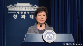 In this handout image provided by the South Korean Presidential Blue House, South Korean President Park Geun-Hye speaks during an address to the nation about the sunken ferry Sewol at the presidential Blue House on May 19, 2014 in Seoul, South Korea.