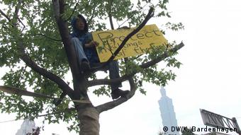 Demonstrant auf Baum, Hochhaus Taipeh 101 im Hintergrund (Foto: K. Bardenhagen/DW)