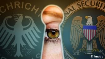 An eye is pictured between German and American national symbols