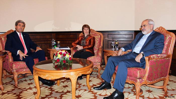  
U.S. Secretary of State John Kerry (R) and Iranian Foreign Minister Mohammad Javad Zarif (L) and EU envoy Catherine Ashton at the nuclear negotiations in Muscat November 10, 2014.
Source: Mehr
